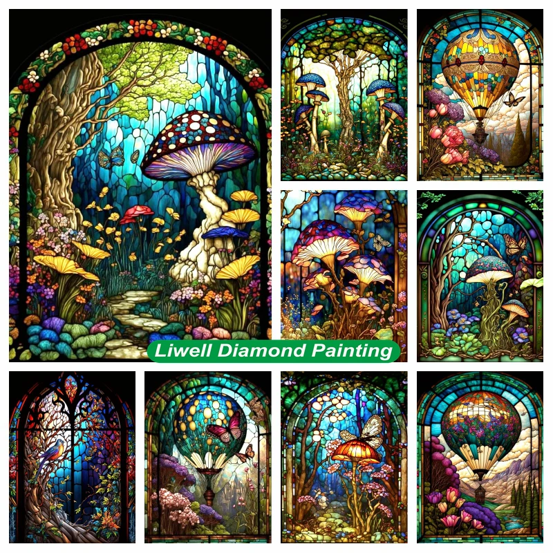 

Fantasy Stained Glass Mushroom And Butterfly Diamond Painting Art Cross Stitch Forest Flower Scenery Crystal Mosaic Home Decor