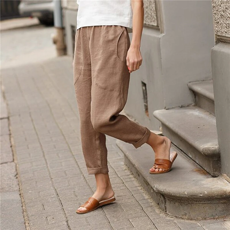 Women Ankle Length Cropped Pants Solid Color Loose Casual Trousers Comfortable Breathable Lady Pants Elegant All-Match Trousers