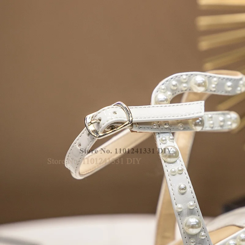 Women's White Thin High Heels Sandals Peep Toe Pearl Decoration Female Sexy Summer Sandals Party Shoes