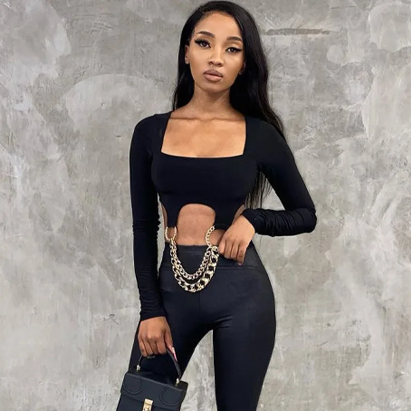 

Women's Crop Tops Spliced Iron Chain Pendant Slim Fit Square Neck Long Sleeve T-shirt Ladies Casual Pullover Sexy Club Blouse