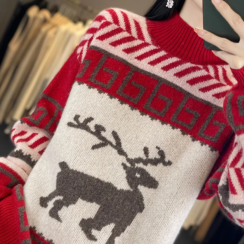 Deer 2025 рождественские утепленные женские свитера из 100% шерсти зимний вязаный