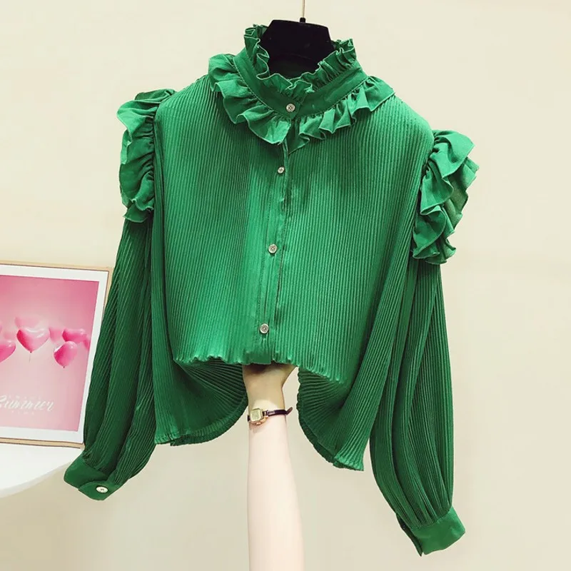 

2022 Spring New Elegant Stand Collar Heavy Industry Pleated Puff Sleeve Chiffon Shirt Fashion Green Blouse Long Sleeve Shirts
