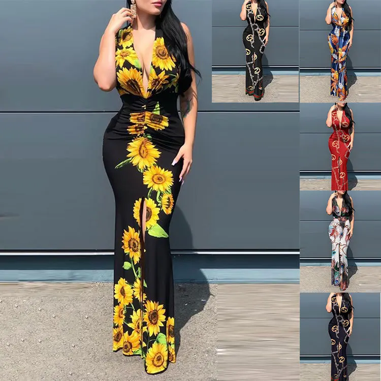 

Sexy And Fashionable Sleeveless V-neck Printed Patchwork Summer Maxi Dress Women 2023 Vestido De Festa Qualidade Jurk RobesS-XXL