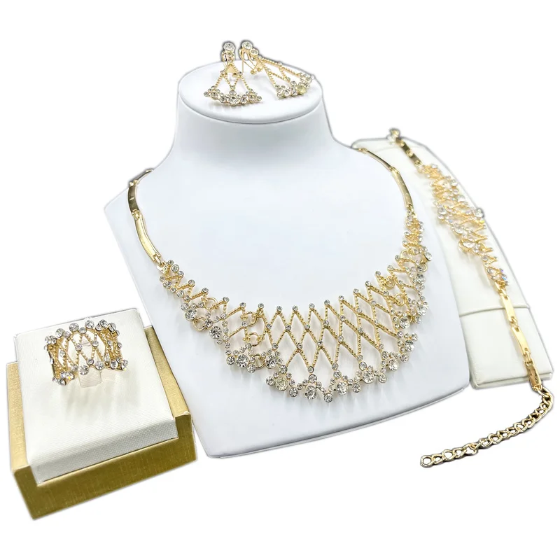 

Новинка, Сетчатое ожерелье, браслет, серьги, набор колец, Модные женские ювелирные изделия с кристаллами, колье, серьги, аксессуары для девоч...