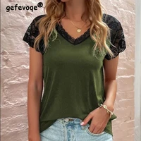 2022 new short sleeve v neck neckline lace t shirt for women patchwork hollow out tshirt vintage loose casual tee female clothes