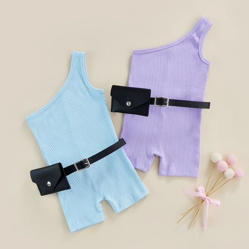 

Summer Kids Girls Playsuits with Belt Bag Baby Clothing One Shoulder Sleeveless Ribbed Romper Jumpsuit Overalls