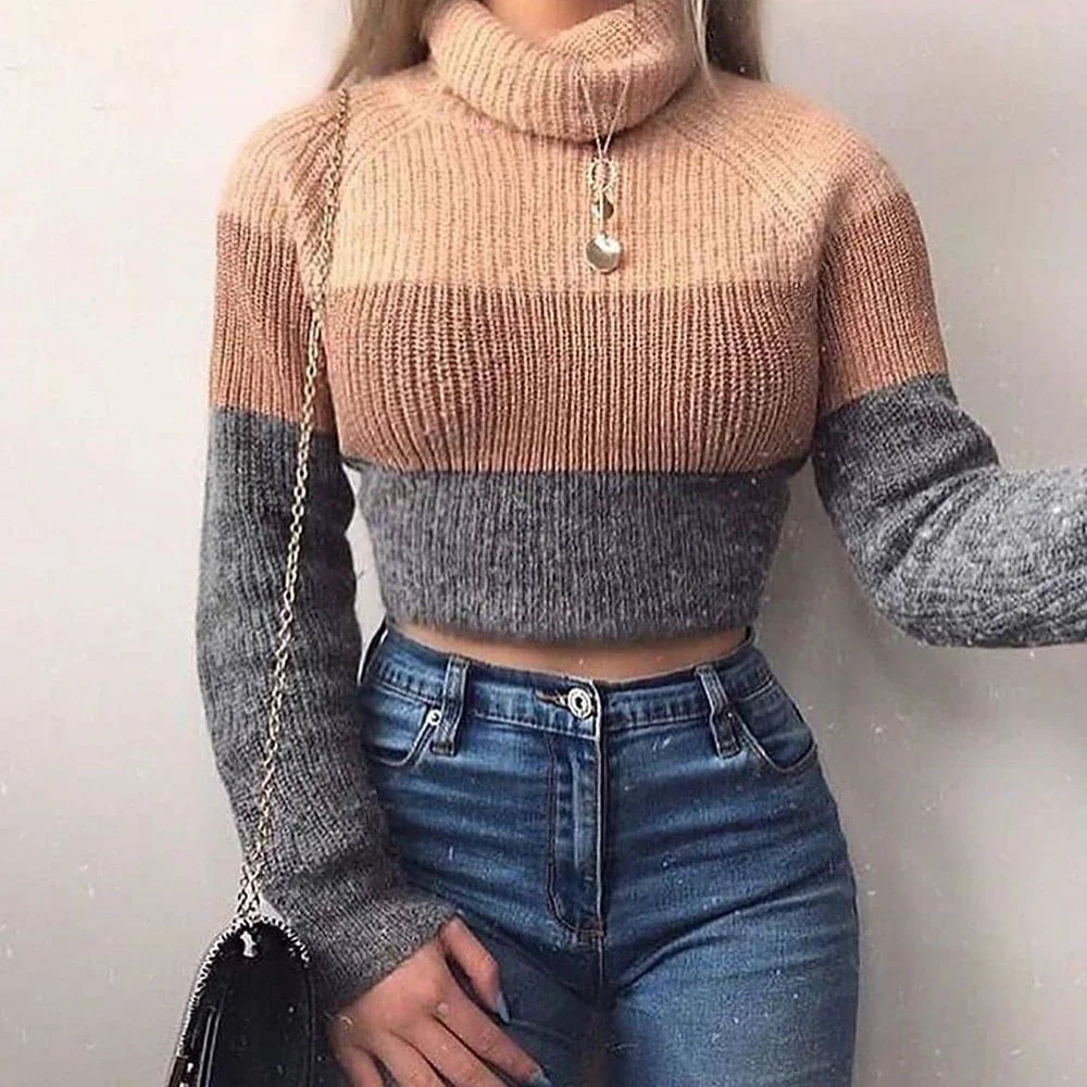 

Meqeiss New Fashion Women's Turtlenecks Sweaters Striped Long Sleeve Knitted Pullovers Females Jumpers Cropped Sweaters Fall