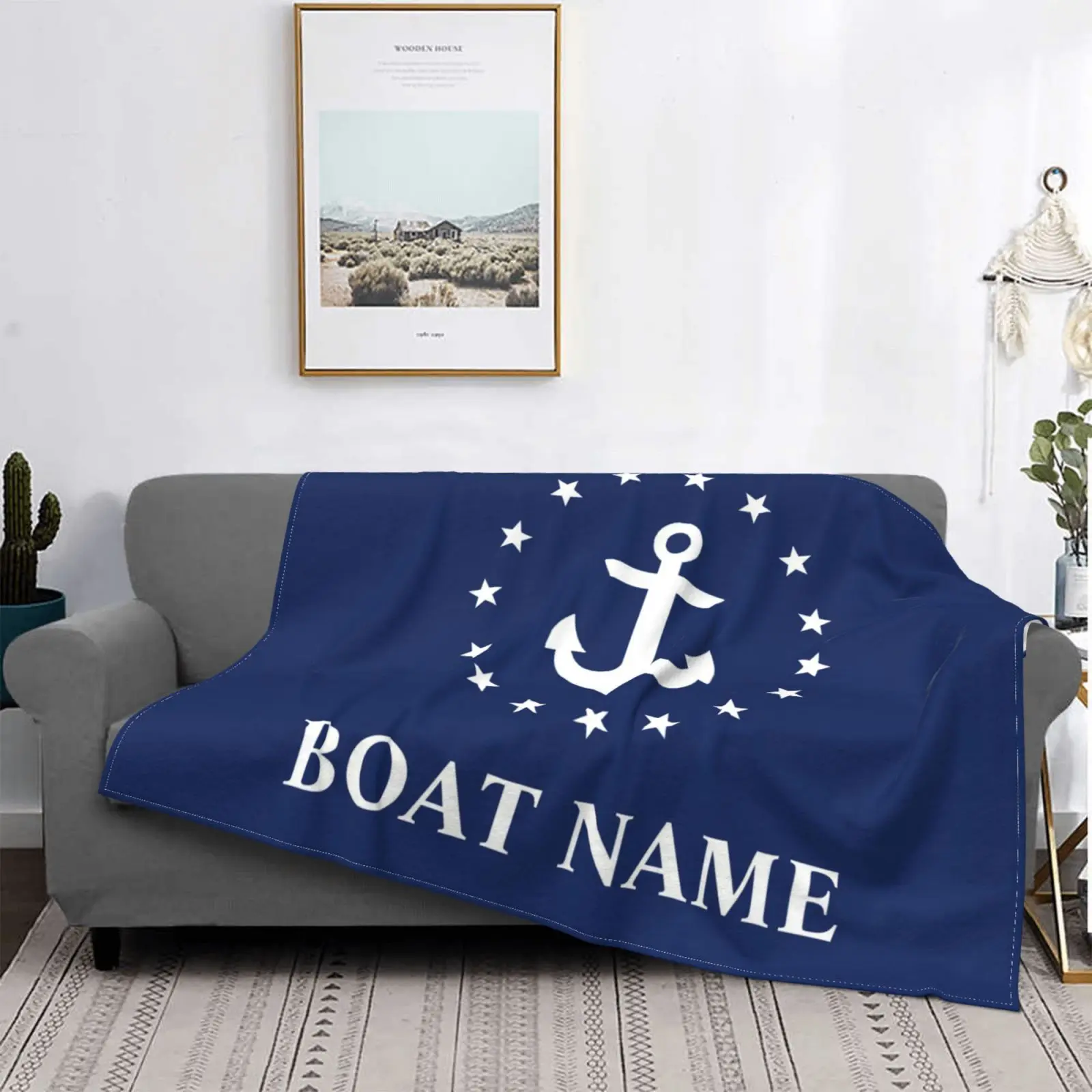 

Dark Blue Nautical Decorative Anchor Blanket Flannel Customizable Blanket Soft Breathable Thermal Bedding and Travel Blanket