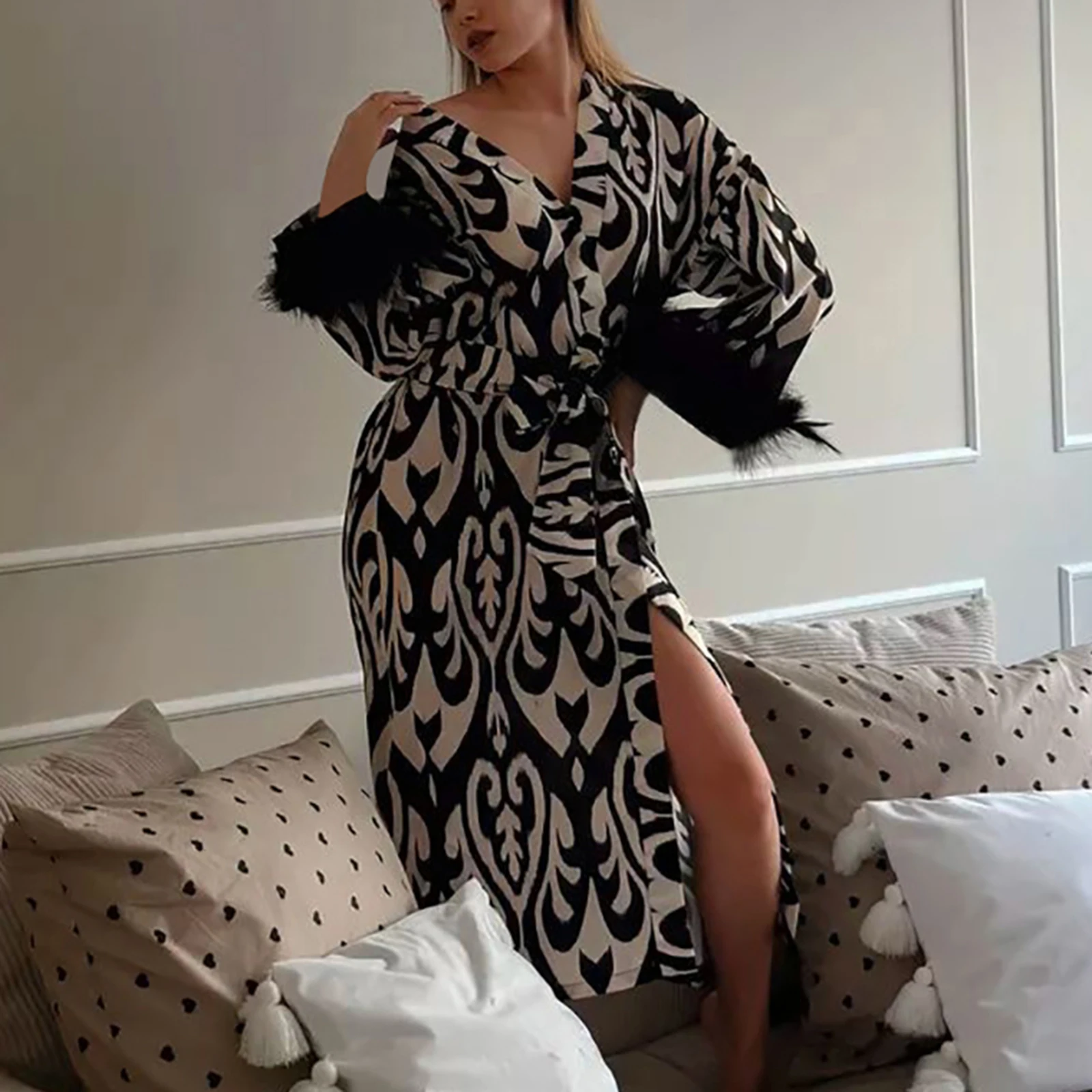 Женские халаты-кимоно модная отделка с перьями и принтом свободный удобный халат