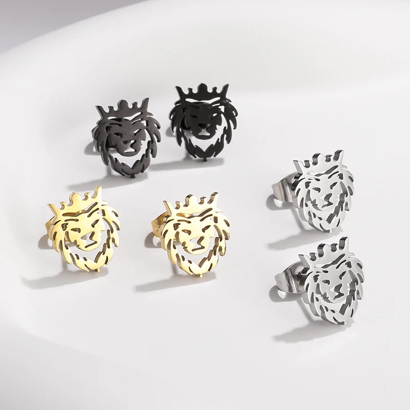 

Exquisite Hollow Crown Lion Animal Stainless Steel Stud Earrings Men Women Fashion Trend Punk Jewelry