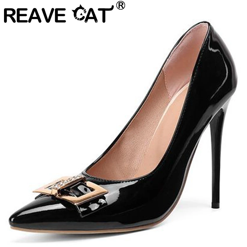 

REAVE CAT Women Pumps Pointed Toe High Heels Metal Decoration Slip-on Party Plus Size 34-47 Red Black Sexy Spring Wedding S3374
