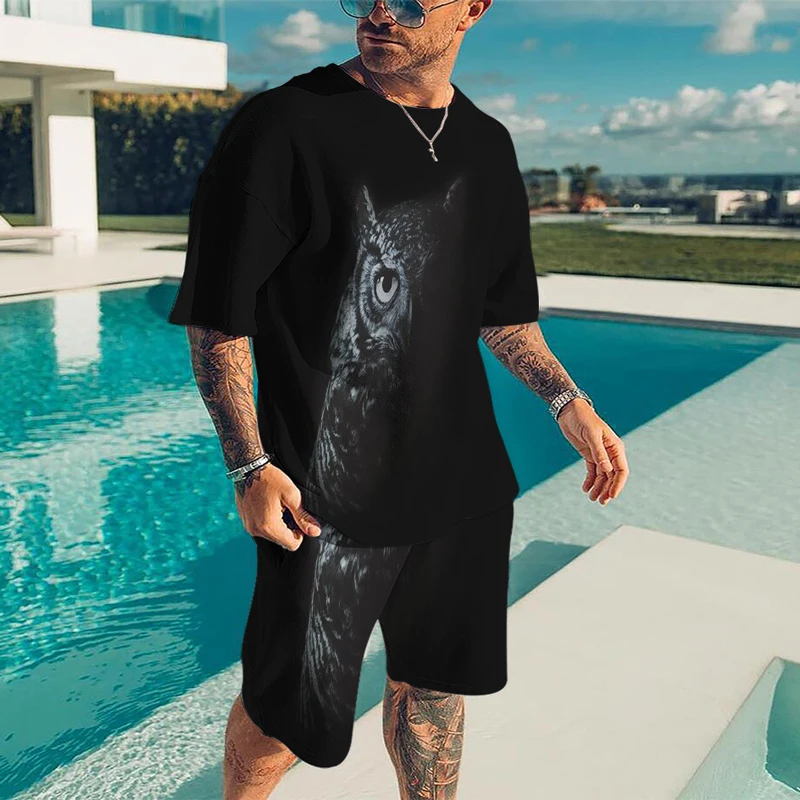 

Black Tshirt Set 3D Printed Owl Fashion Sports Suit Oversized O-neck Solid Colo+O-head Creative Art Pattern Street Casual Tshirt