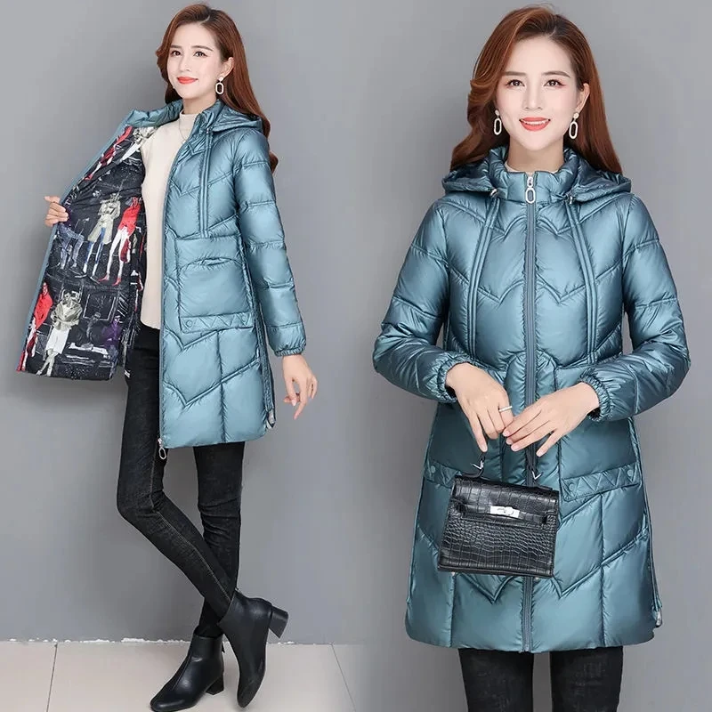 Parkas Women Large Size Long Disposable Shiny Down Cotton Jacket Female 2022 Autumn Winter New Hooded Warm Slim Padded Coat