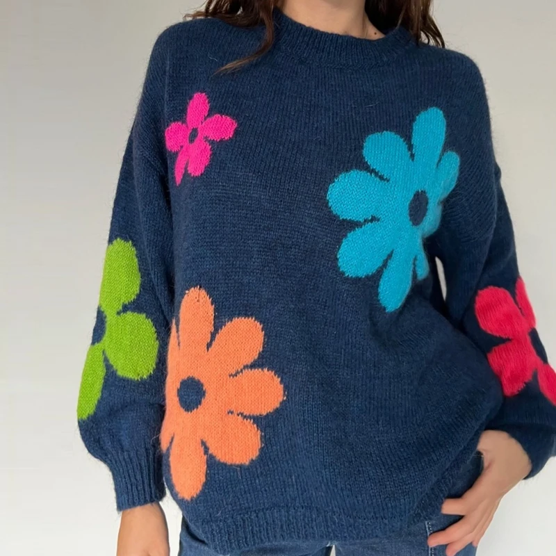 Женский вязаный свитер свободного покроя с длинным рукавом и круглым вырезом