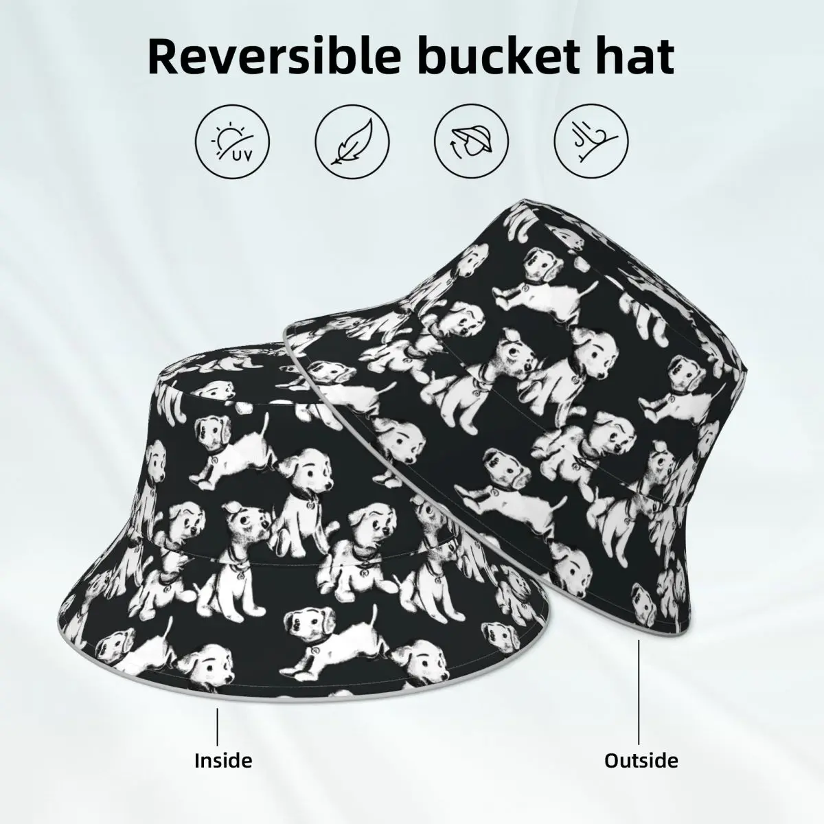 

Happy Dog Bucket Hat Funny White Dogs Reversible Custom Reflective Fisherman Hats Fun Street Style Sun Hat
