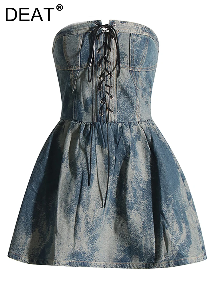 

DEAT Women's Denim Dress Strapless Backless Slim Waist Lace-up Tie-dye Blue Short Mini Dresses 2023 Autumn New Fashion 29L2854