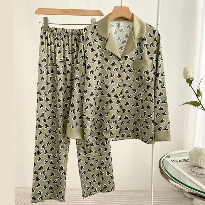 

Print Pajamas Set Women Silky Sleepwear Lingerie Long Sleeve Shirt&pant 2pcs Pyjamas Sleep Suit Nightwear Rayon Home Clothes