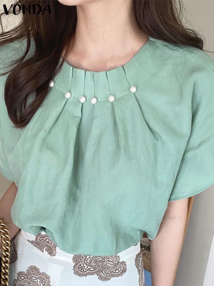 

Elegant Tops VONDA 2023 Summer Blouses Women Pearl Pleated Shirt Casual Solid Color Short Sleeve Office OL Chic Blusas Femininas