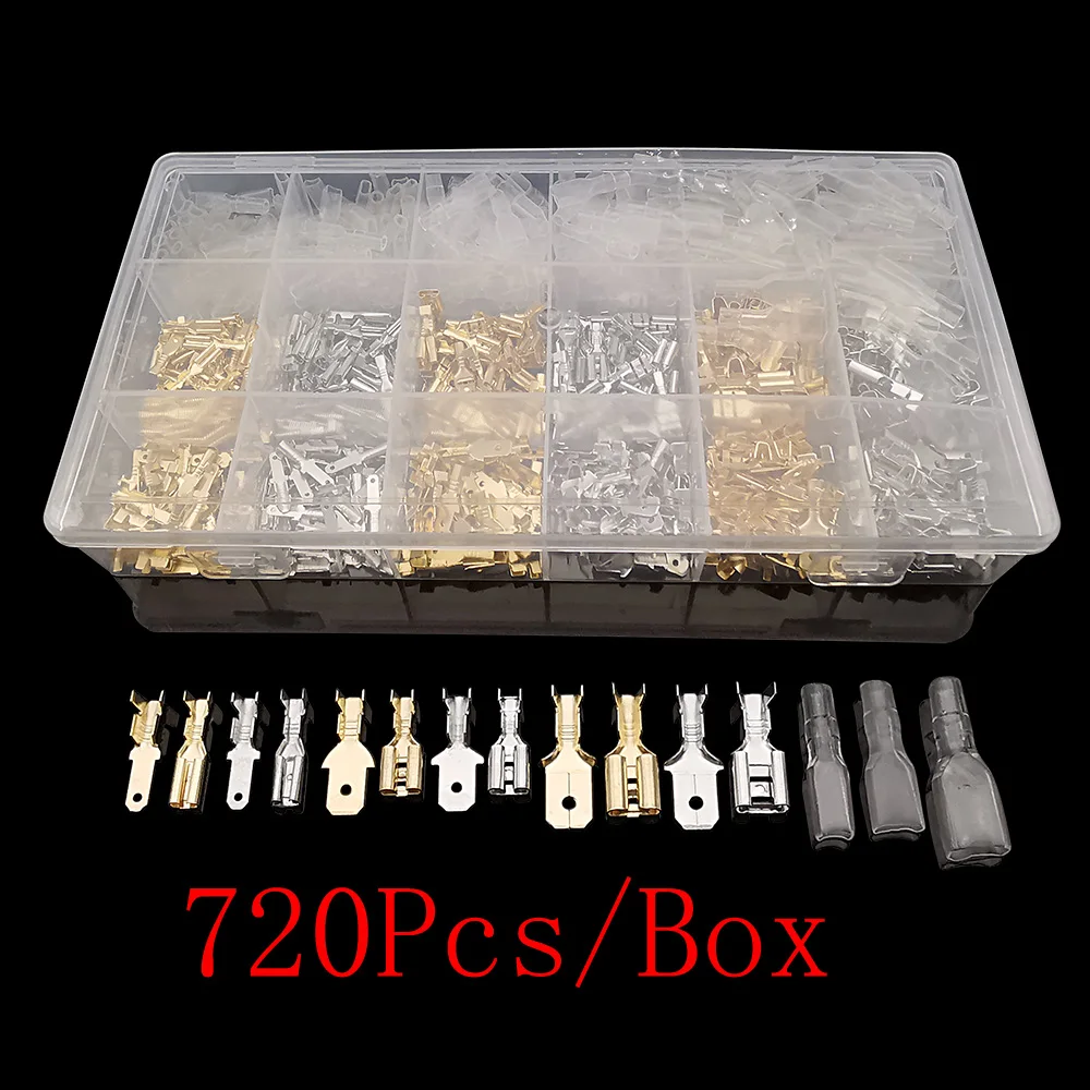 

720Pcs 2.8/4.8/6.3mm Male Female Wire Spade Connector Crimp Terminal and Insulating Sleeve Assorted Kit for Car Audio Speaker