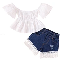 toddler kids baby girls clothes summer casual set solid color short sleeve boat neck tops lace patchwork pocket denim shorts