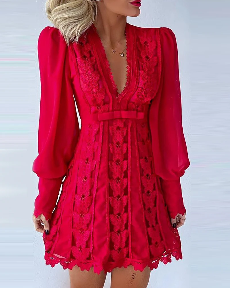 

2021 New Women Autumn Boho Fashion Elegant Dresses Sexy V Neck Solid Sheer Mesh Long Puff Sleeve Butterfly White Lace Mini Dress