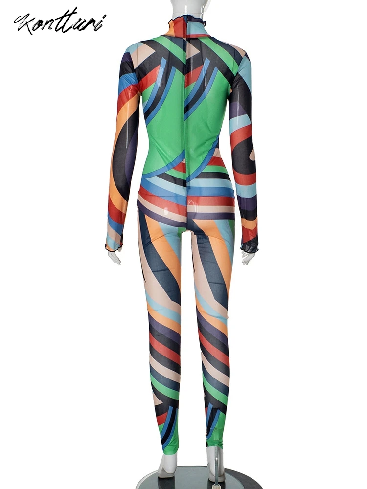 Kontturi осенний сексуальный сетчатый комбинезон с принтом для женщин 2024 прозрачный