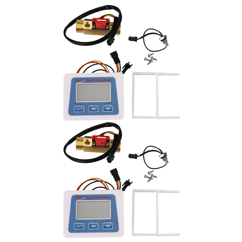 

2X Digital Lcd Display Water Flow Sensor Meter Flowmeter Rotameter Temperature Time Record With G1/2 Flow Sensor