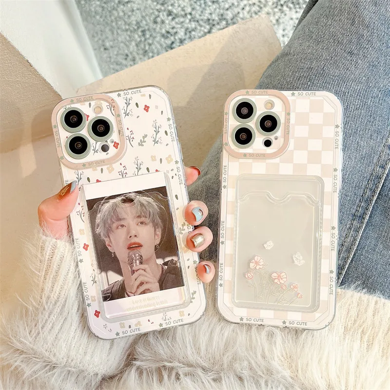 

Korean Cute DIY Floral Photo Phone Case For iphone 14 13 12 11 Pro XS MaxXR X SE 7 8 Plus INS transparent Card Pocket Soft shell