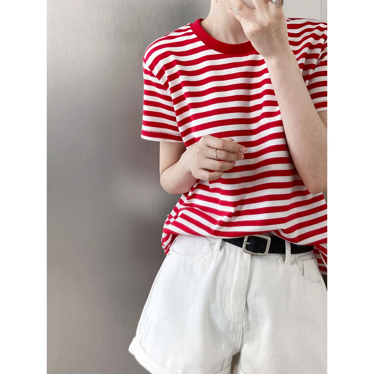 

Dinboa-2022 Stripe Short Sleeved T-shirt Red White Blue Summer Contrast Color Korean Style Loose Round Neck Pullover Women Top