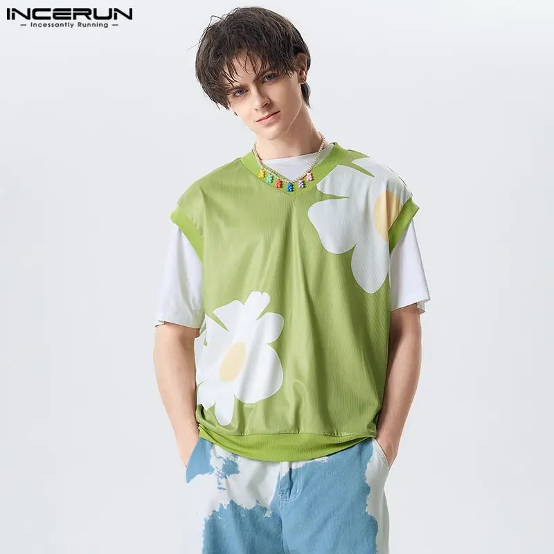 

INCERUN Tops 2023 American Style Men's Funny Flower Pattern Printed Tank Tops Casual Party Show Hot Selling Knitted Vests S-5XL
