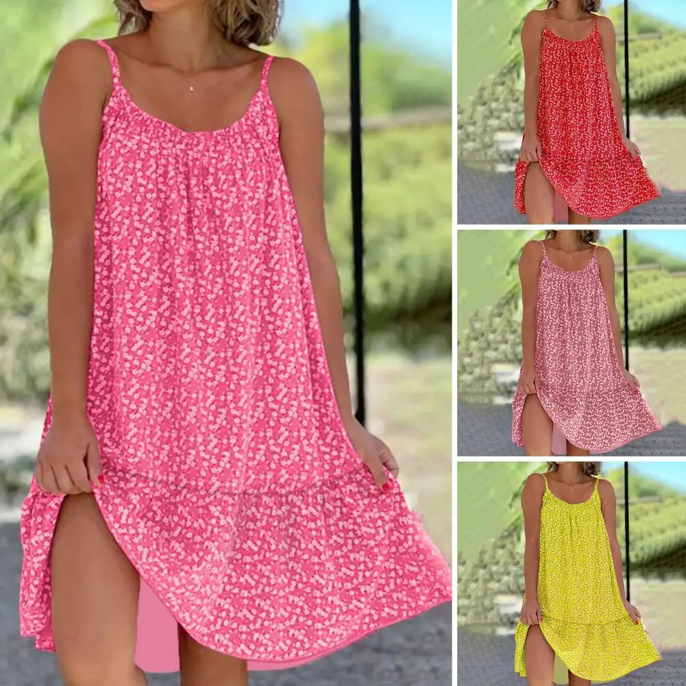 

Women U-Neck Sleeveless Mini Dresses Pleated Ruffle Hem Loose Backless Floral Print Sling Lady Summer Beach Dress Loose Sundress