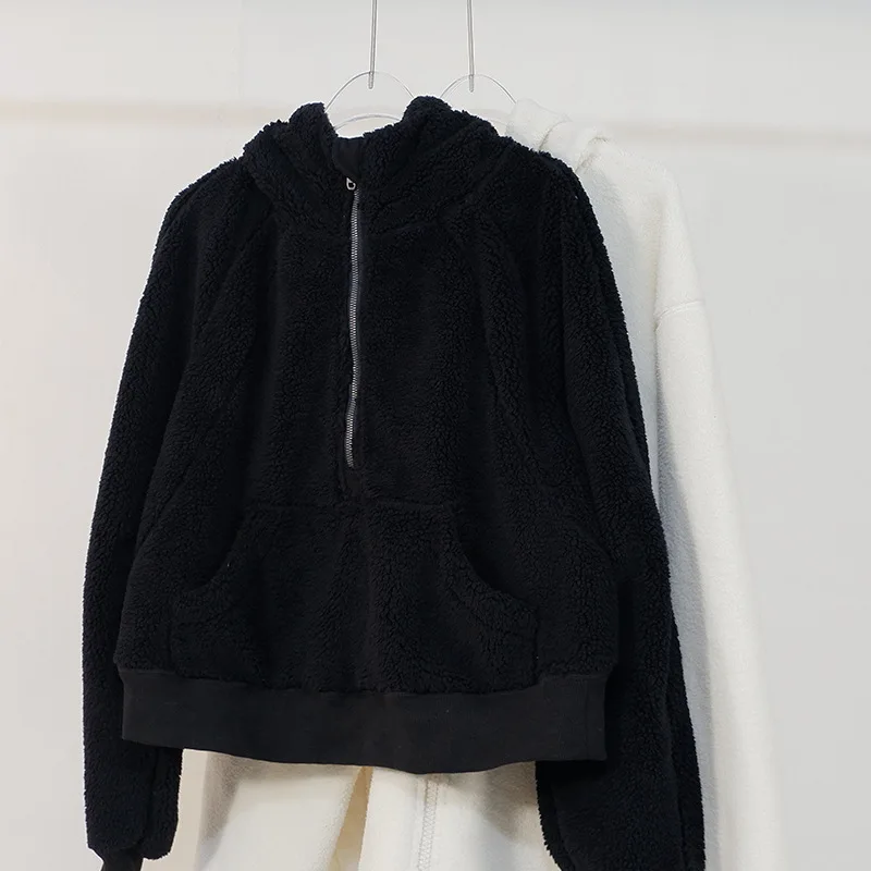 LuluWomen Velvet Hoodies Jacket Autumn Winter Scuba Half Zipper Sweatshirt Lamb Wool Thick Thermal Outdoor Sports Yoga Bodysuit