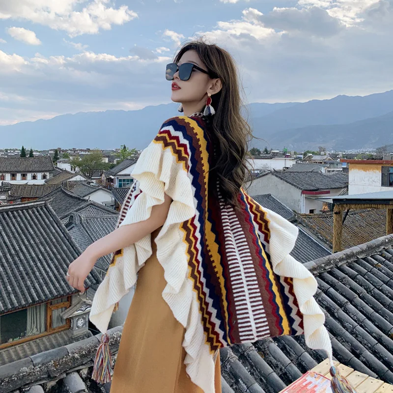 

2023 New Women Ethnic Style Knitted Poncho Shawl Fashion Striped Fringed Pashmina Shawls Winter Warm Cardigan Capes Travel Cloak