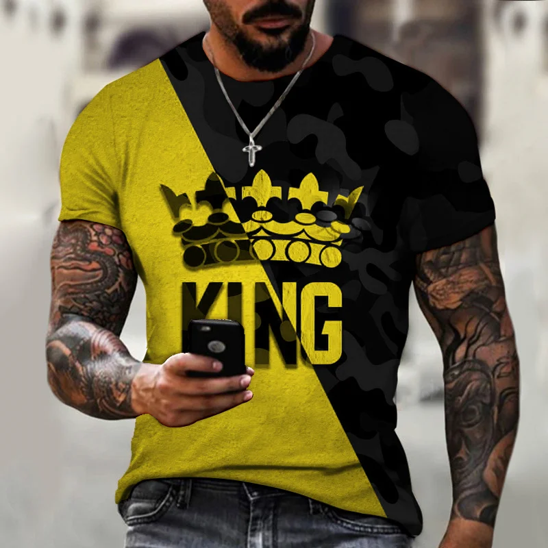 

Summer New Men's Trendy 3D Casual T Shirts Polyester Loose Version Crew Neck Crown Pattern Letter Print