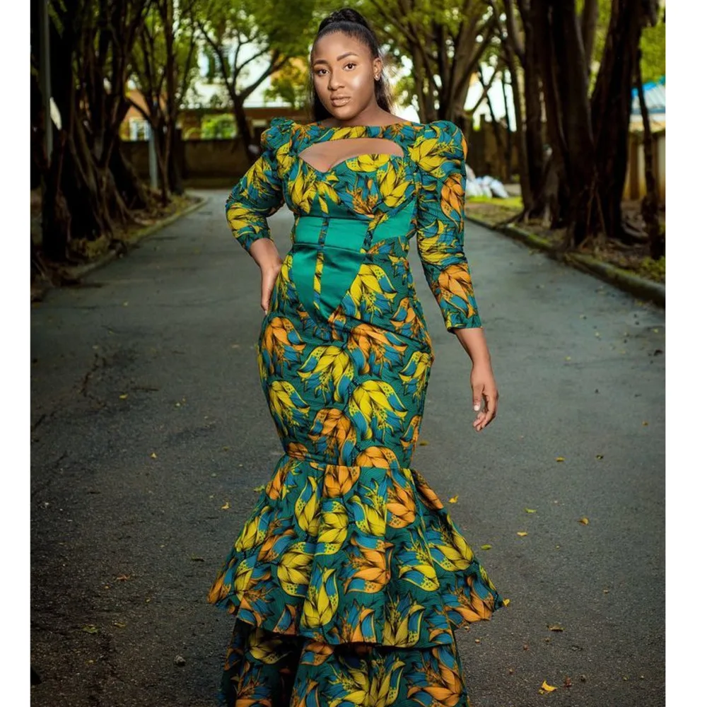 

Women's Dress Long Sleeve High Waist Fashion Printing Tiered Fishtail Dress Autumn New Elegant Party Dresses For Women 2023