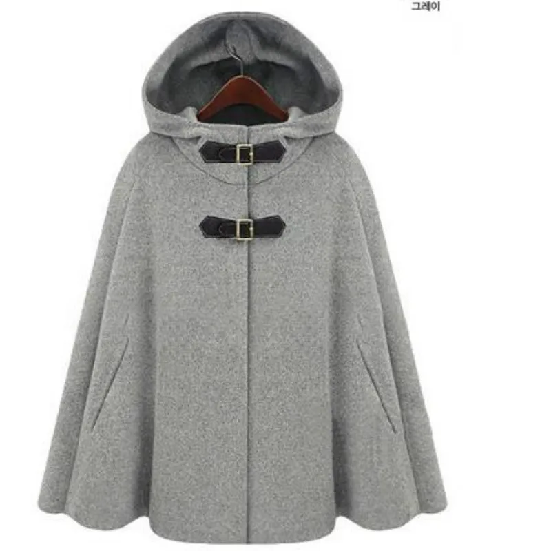 

Women's Woolen Coats Casual Hooded Cloak Winter Warm Batwing Poncho Loose Parka Hooded Long Sleeve Cloak Capes Jacket Grey Black