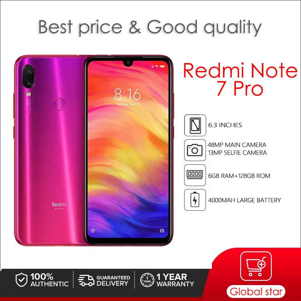 

Xiaomi Redmi Note 7 Pro Original Refurbished Smartphone 6GB RAM 128GB ROM 48MP Android Cellphone Global version Mobile Phone