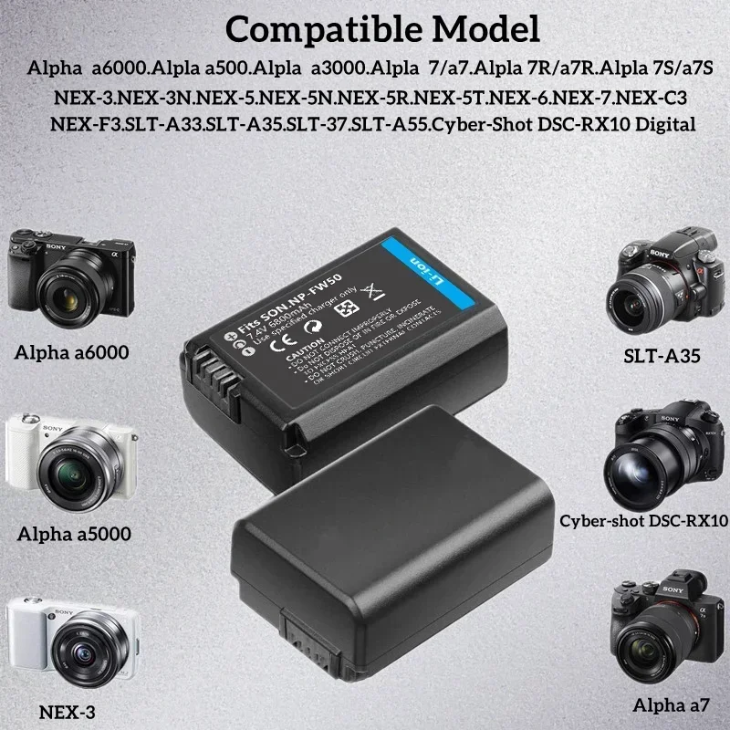 Комплект аккумуляторов для камеры NP-FW50 6800 мАч совместимый с Sony AlphaA6000 A6500 A6300 A6400 A7