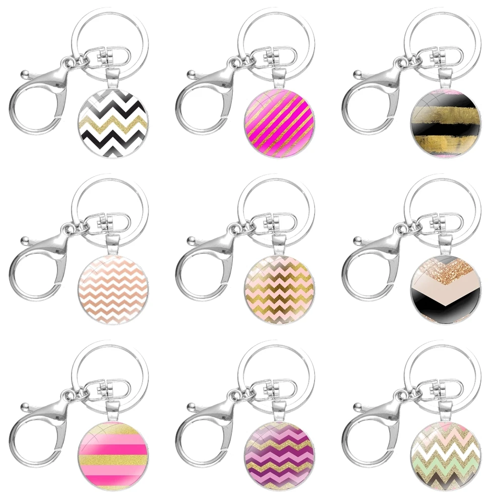 

gold sparkles Pink Stripes With Cartoon Cute Creative Design Keychain Handmade Glass Cabochon Key Ring Holder Pendant Key Chains