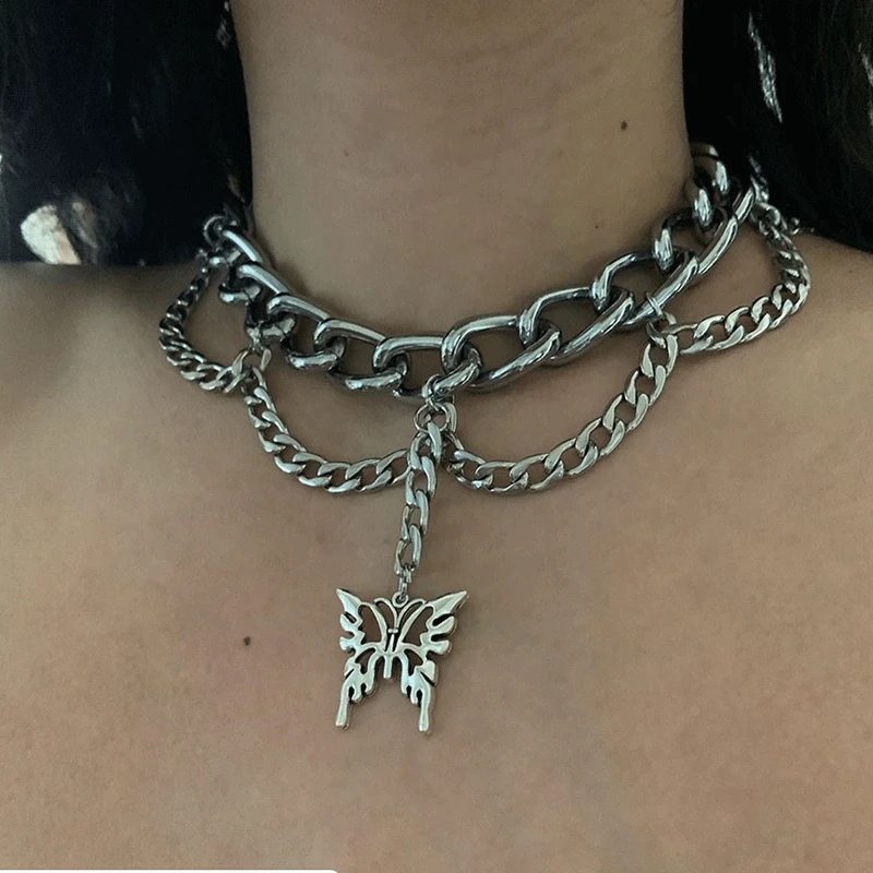 

Женское Ожерелье-чокер с подвеской-бабочкой, винтажное ожерелье из цепочек в готическом стиле, ювелирное украшение на шею