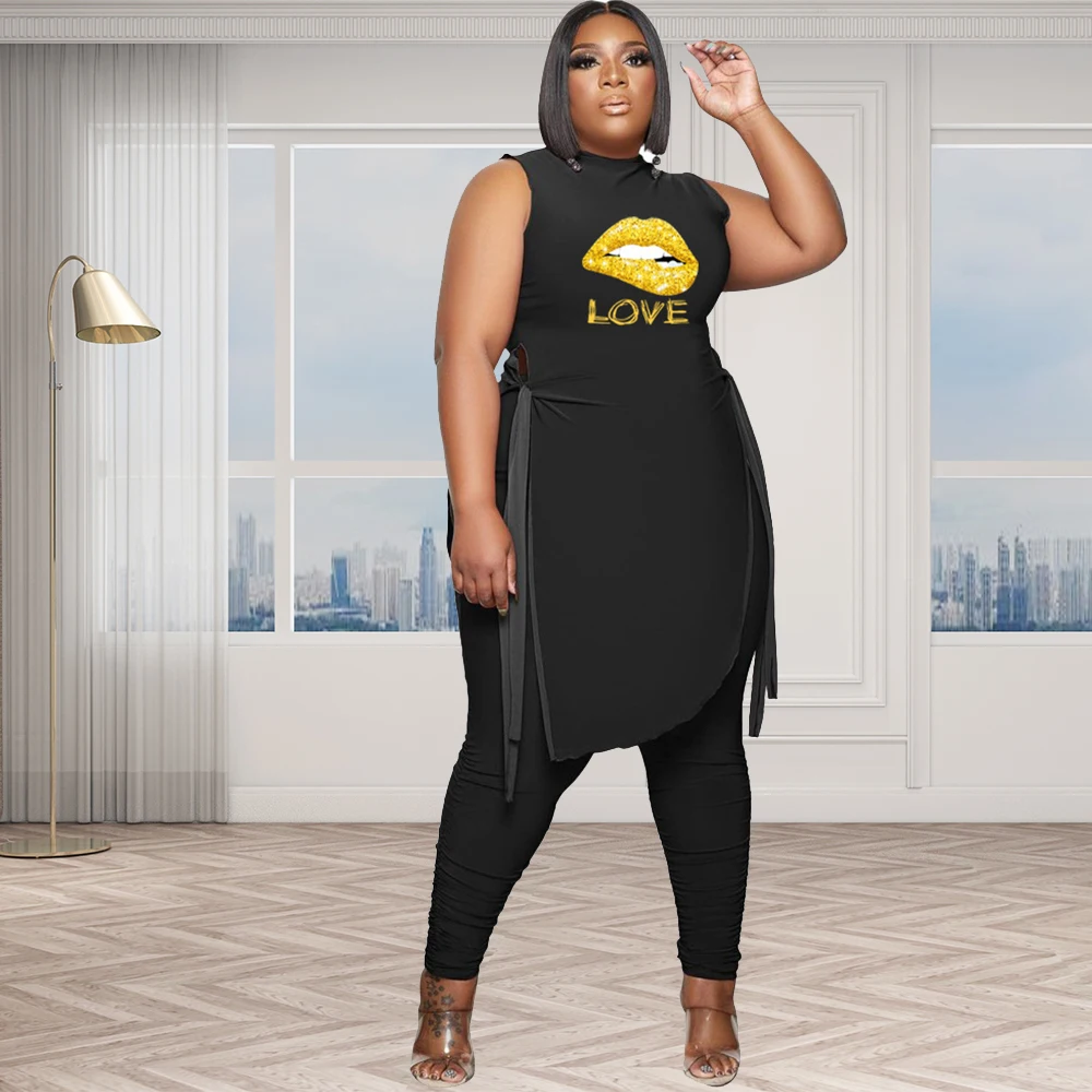 

Lips Letter Pattern Two Piece Pants Set Women Plus Size Sexy Belt Asymmetry Long Tops Stretch Trendy Spring Clothing Wholesale