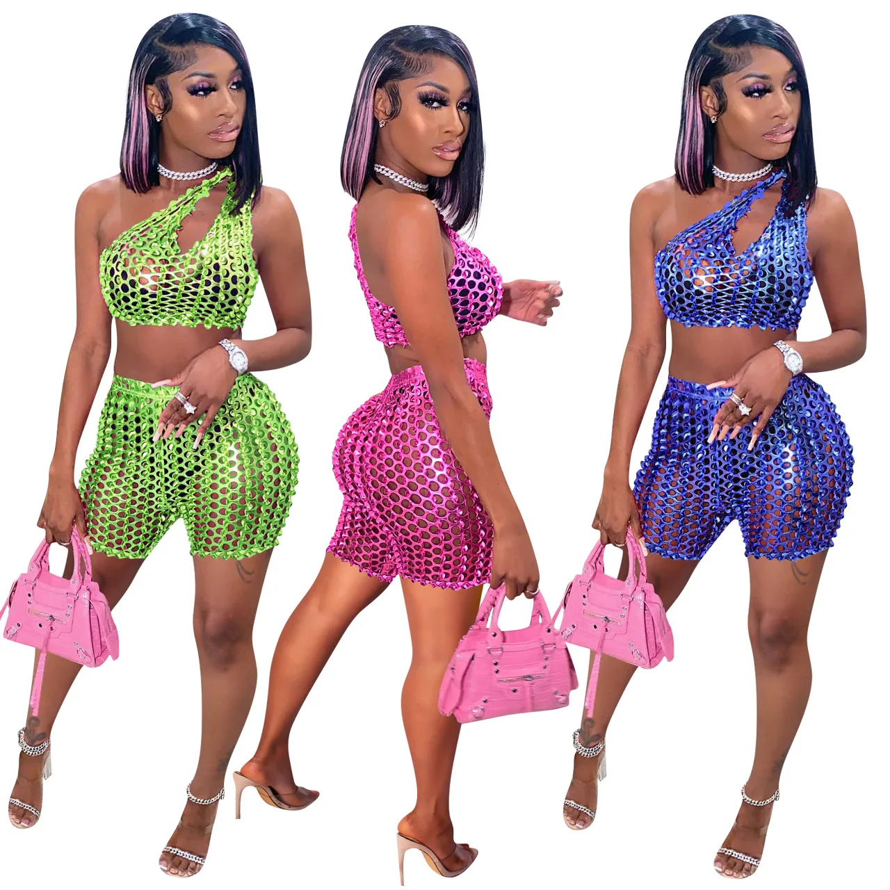 

Sexy Summer Two Piece Set Women Hollow Mesh Halter Backless Bra Sets High Waist Shorts Women Casual Slim Streetwear Women