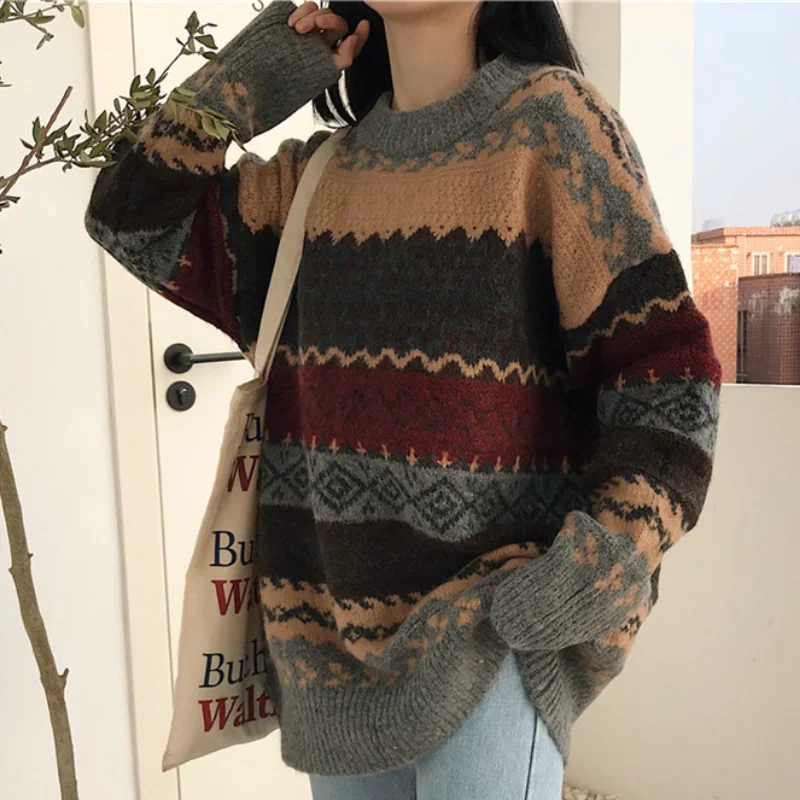 

Striped Sweaters Women Oversize Pullovers Autumn Winter Knit Sweater Hip Hop Ulzzang BF Unisex Jumper Ladies Retro Couples Tops