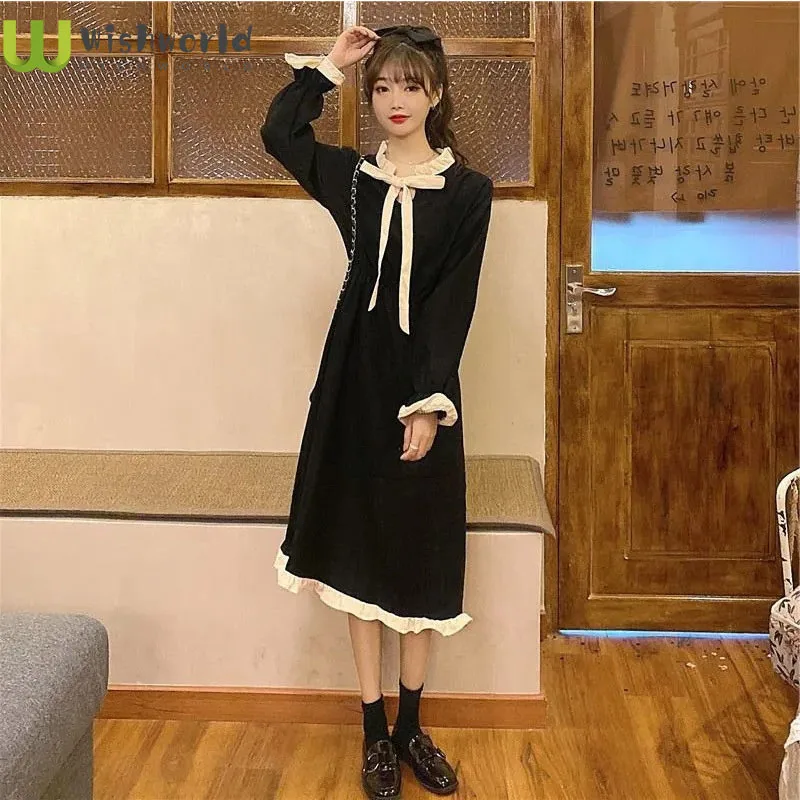 

The University Female Autumn/winter Wind Long-sleeved Sweet Bowknot Dress Long Literary Temperament Render Long Skirt Waist