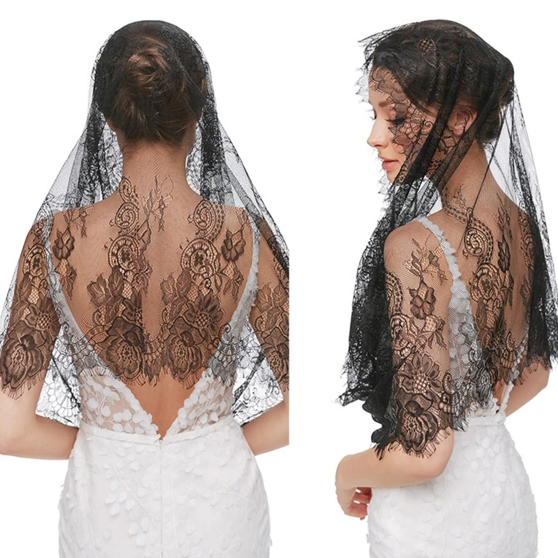 

L21E Pamor Mass Veil Triangle Mantilla Church Head Covering Church Veil Lace Shawl Latin Scarf for Muslim Women Wedding