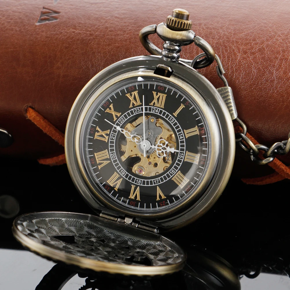 Antique Moon Phase Flywheel Gear Relief Steampunk Mechanical Pocket Watch Retro Gentleman Analog Signal Clock Lady Jewelry Gift