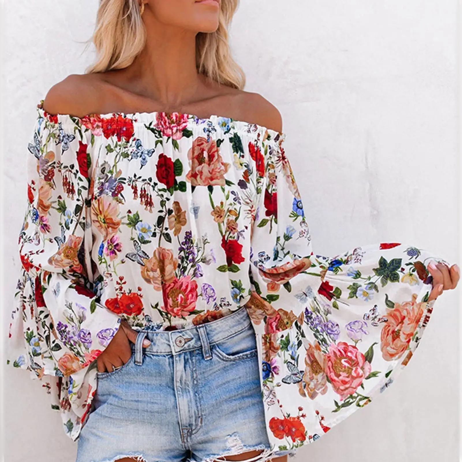 Blouse Women 2022 Summer Sexy Off Shoulder Long Flared Sleeve Floral Print Loose Blouse Shirt Top Woman Fashion Elegant Blouses