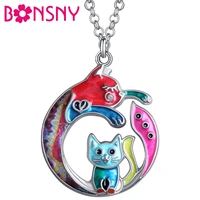 bonsny enamel alloy metal round shape sweet cat necklace kitten pendant chain fashion pets jewelry for women girls charms gifts