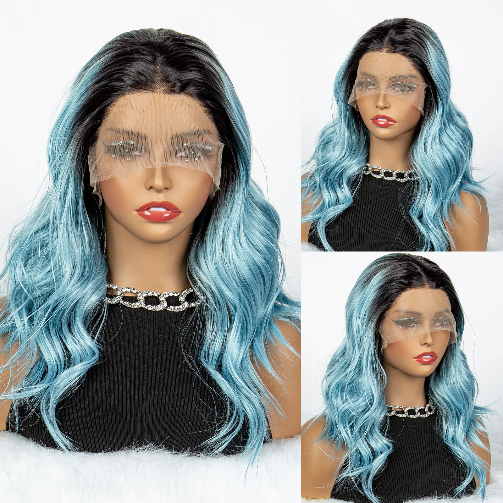 14-дюймовый Волнистый Синтетический Парик Шнурка С Градиентом Синего Цвета Омбре