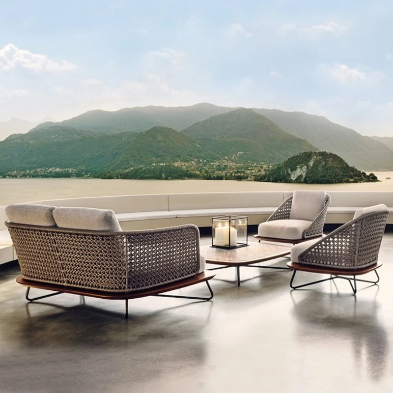 

ZL Outdoor Sofa Antiseptic Wood Rattan Garden Chair Yard Rattan Chair Sofa and Tea Table Combination